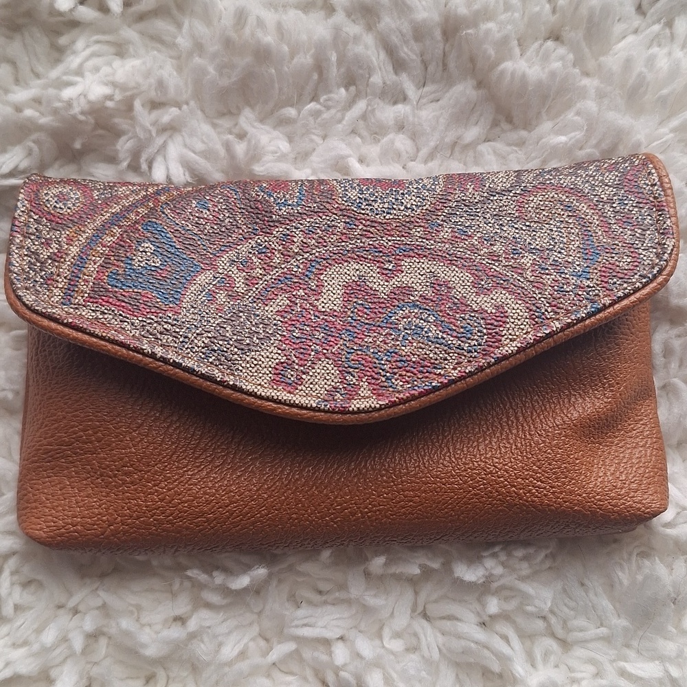 Vintage Brown Paisley Envelope Snap Leather Vinyl Wallet Pouch Clutch